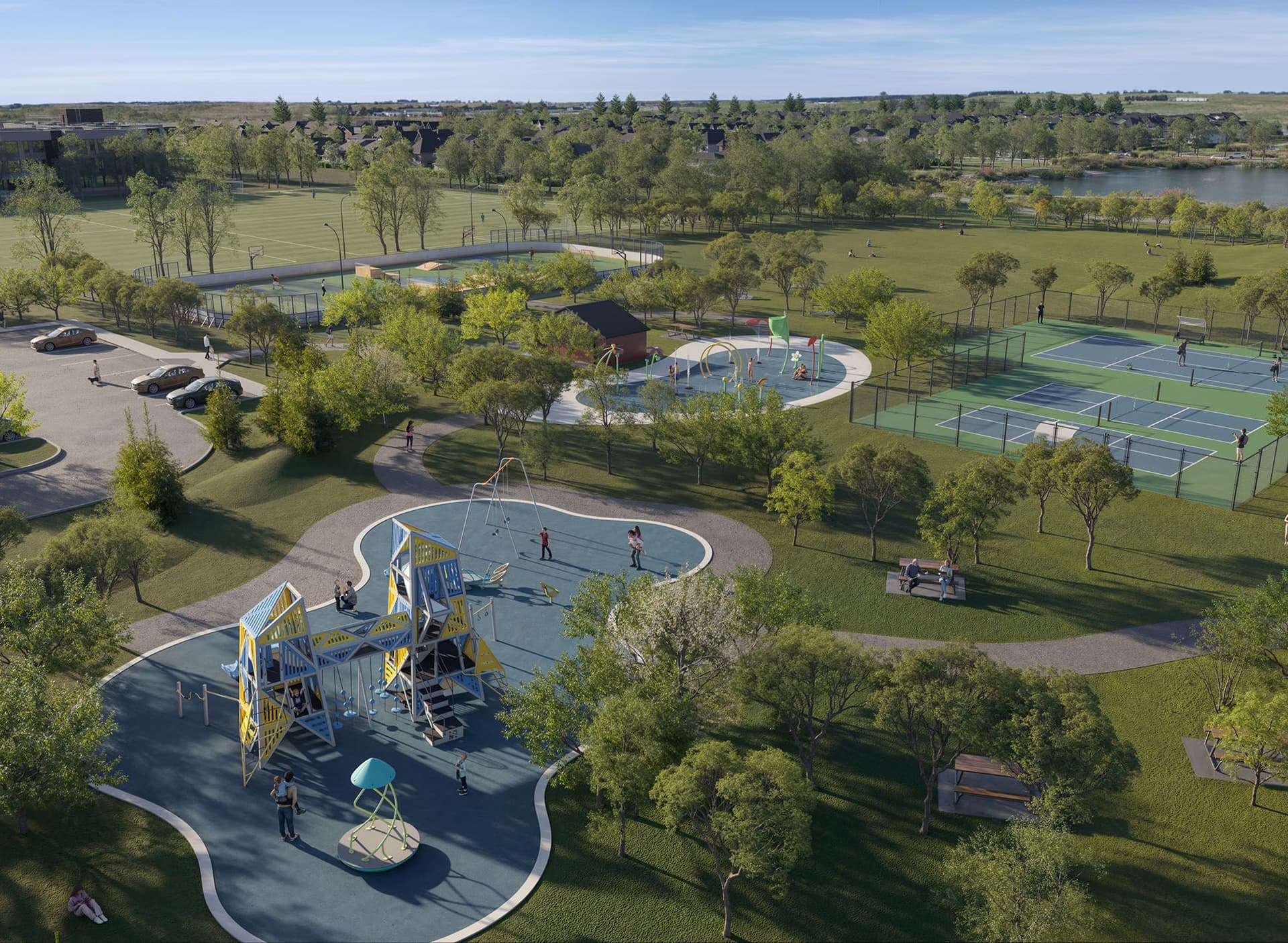 Sawgrass Park amenities render showing future playground, splash park and courts.