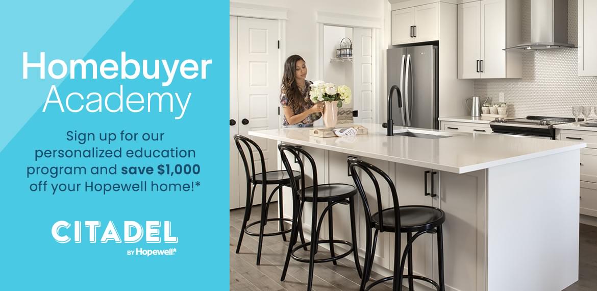 Image: Woman setting up flowers on kitchen island. Text: Home Buyer Academy. Sign up for our personalized education program.