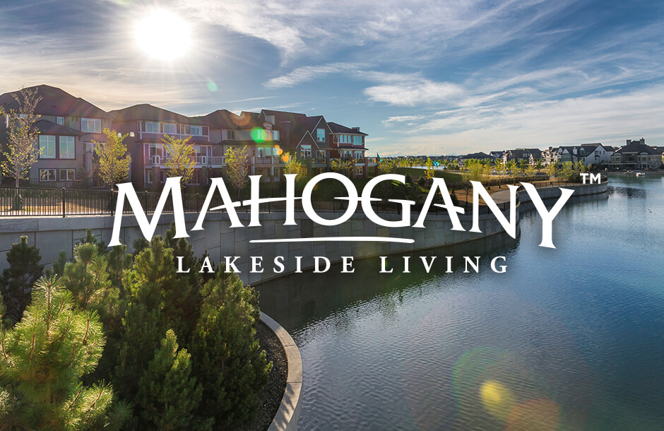 Mahogany logo over community landscape