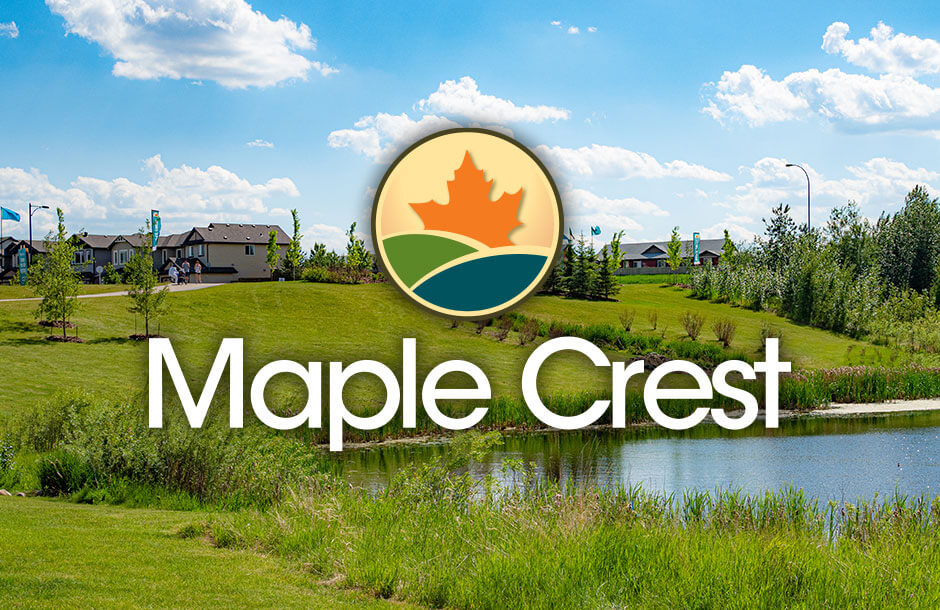 Maple Crest logo over community landscape